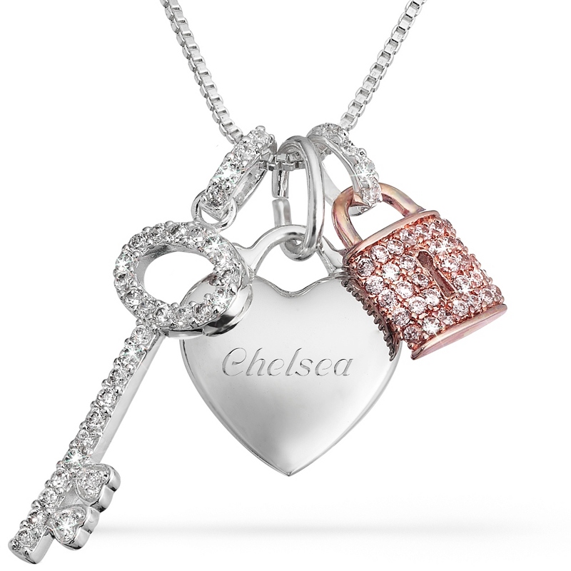 Image of Pink Crystal Padlock and Key Necklace