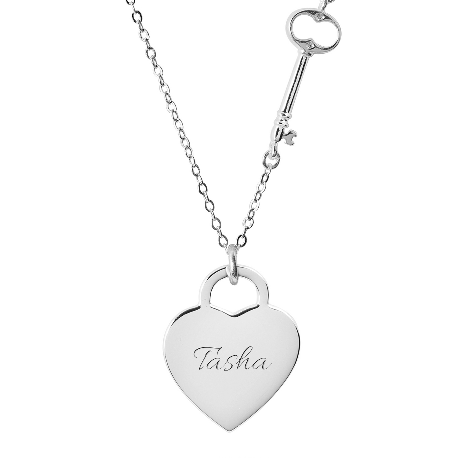 Engraved Silver Heart and Key Charm Necklace