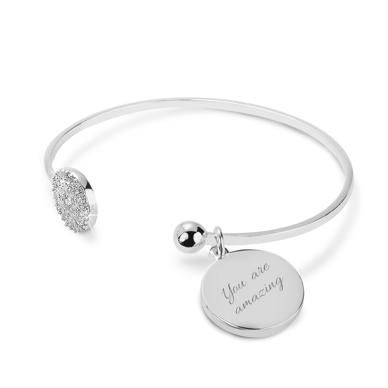 Image of Engraved Silver CZ Circle Open Cuff Bangle