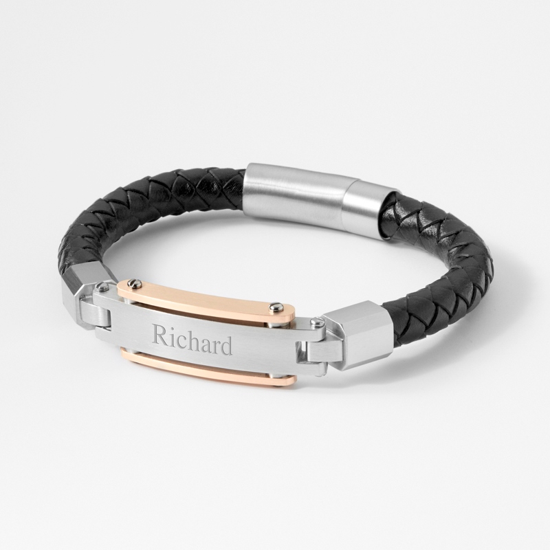 Image of Black Leather ID Bracelet with Rose Gold Accents