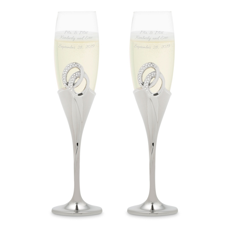 Image of Double Rings Shiny Silver Toasting Flutes