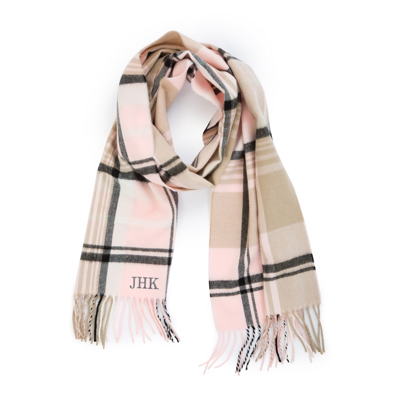 Image of Softer Than Cashmere Light Pink Plaid Corner Embroider Scarf