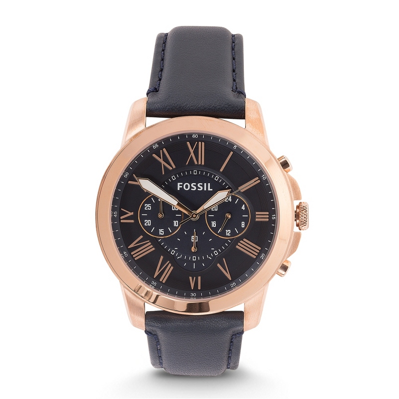 Image of Fossil Mens Grant Chronograph Rose Gold and Navy Leather