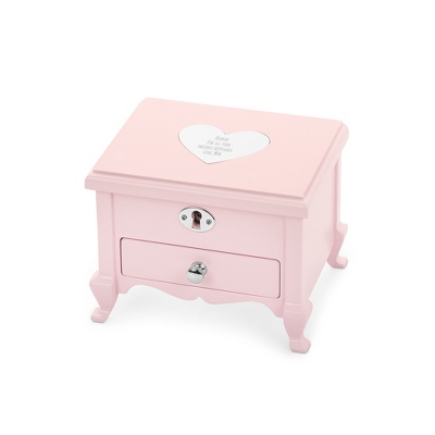 Our personalized Girl's Footed Musical Jewelry Box is the perfect gift for the special little girl in your life. With plenty of space for jewelry and keepsakes, this jewelry box will be there for her for years to come. Wind up the key on the back of the box to ready a song for the ballerina to dance to when you open the box. Engrave the heart-shaped engraving plate on the top with that special girls name. - W: 5.94 inches x L: 5 inches x H: 4.63 inches - Key and lock included - Great personalized gift for daughter, niece, granddaughter, birthday or just because ". Pink Girls Footed Musical Jewelry Box, Wood/Velvet, By Things Remembered.