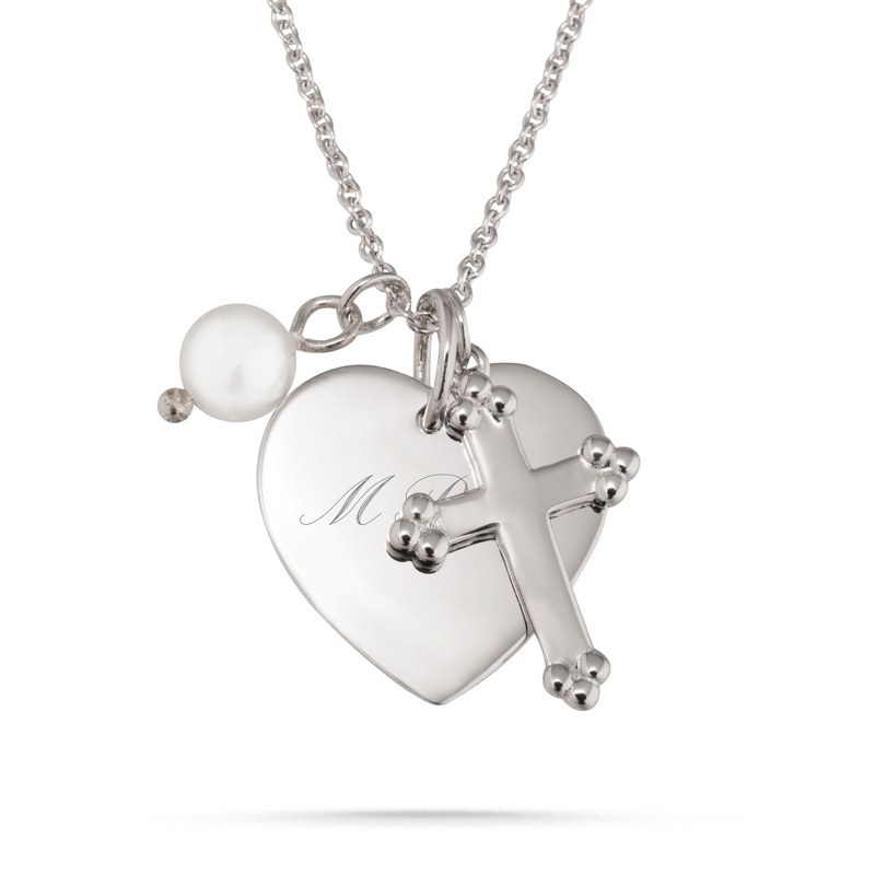 Image of Girls Sterling Silver Cross and Pearl Charm Necklace