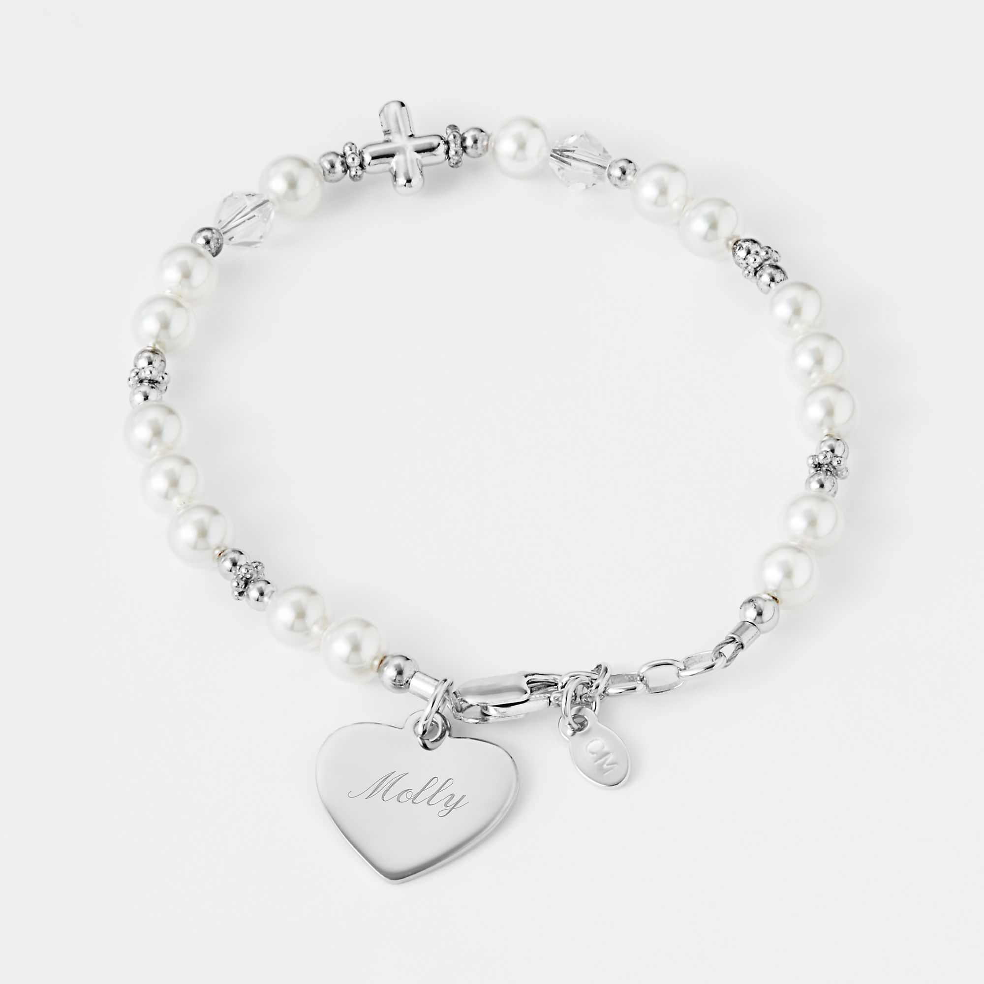 Christening Gift First Holy Communion Bracelet Pearls & Engraved Heart Charm 