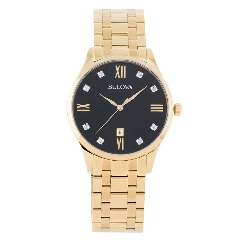 Image of Bulova Gold and Black Diamond Accented Watch
