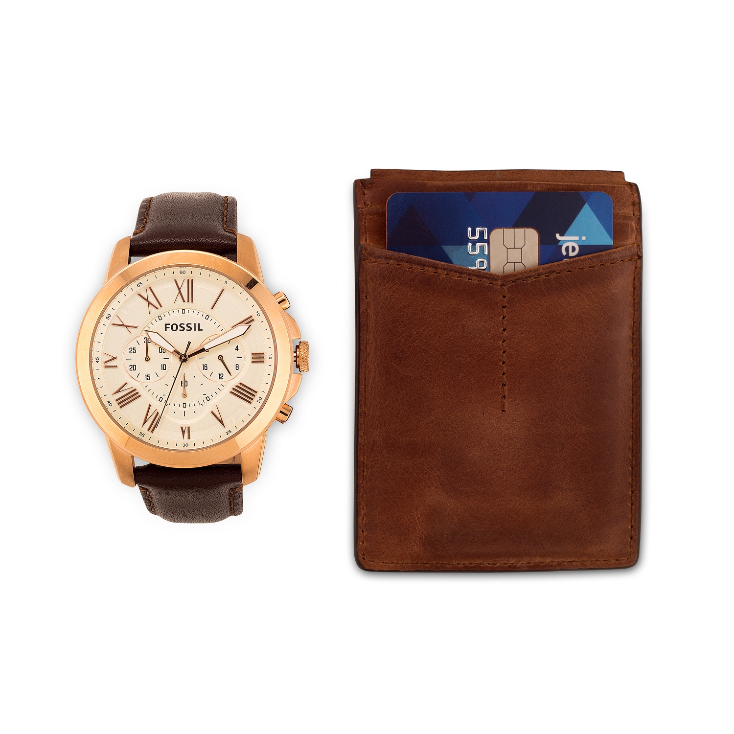 FOSSIL Mens Grant Brown Leather Watch and Money Clip Wallet