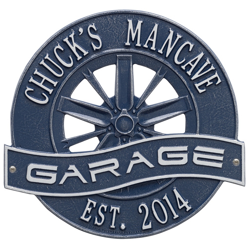 Image of Dark Blue and Silver Wheel Garage Plaque