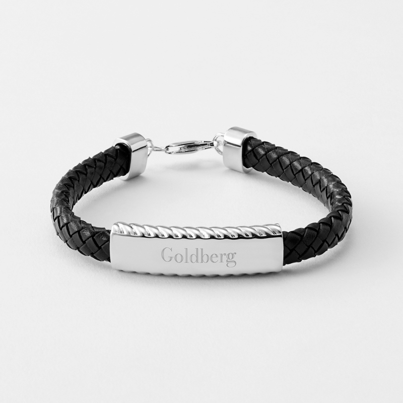 Image of Sterling Silver Rope Border Leather ID Bracelet