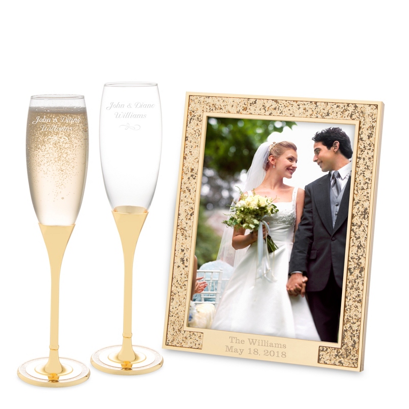 Image of Gold Glitter Frame and Toasting Flutes Set