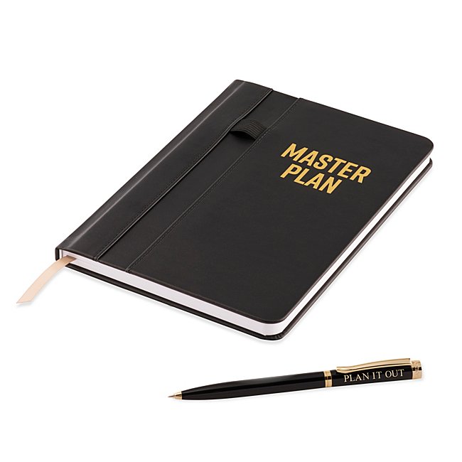 The Master Plan Journal and Pen Set is a complete daily writing set that offers a bit of fun in the professional space. The black journal features the words "MASTER PLAN" to inspire more writing and comes with an elastic band on the front to hold the included ballpoint pen. Inside the journal is 64 lined pages of paper. Engrave the pen with a name, date, job role or company name. -Contents: Includes journal with 64-lined pages and pen -Size: 5.9" W x 8.06" H x 0.5" D -Material: Leatherette, Paper, Brass -Inspiration: A great graduation, new-job, promotion or congratulatory gift. Master Plan Journal And Pen Set, In Black, By Things Remembered.