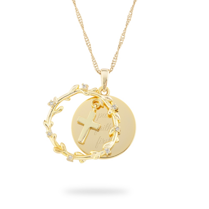 Image of Gold Tone Laurel Wreath Cross Swing Necklace