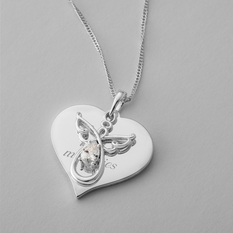 Image of Silver Tone Pave Heart and Angel Swing Necklace