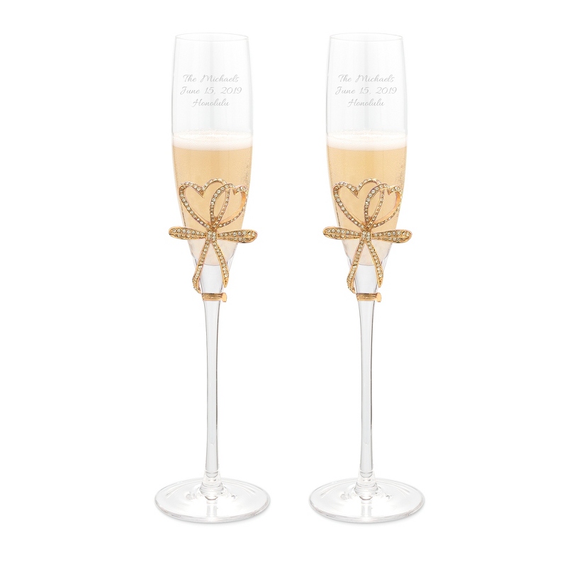 Image of Gold Heart and Bow Toasting Flute Set