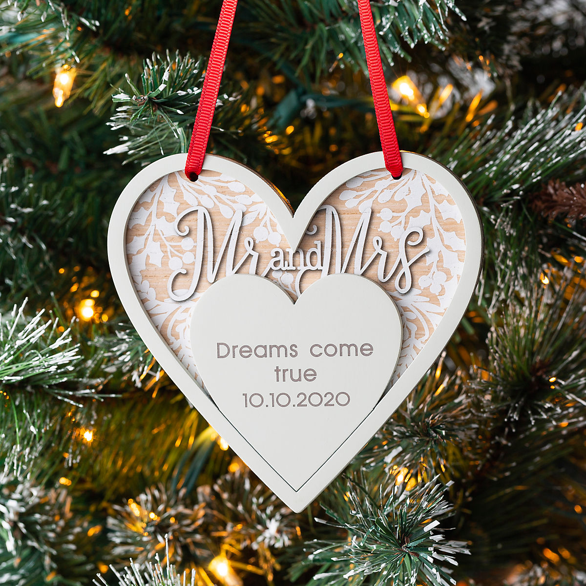 Mr & Mrs Heart Decoration MDF Smoked Custom Bauble Wooden Our First Christmas 