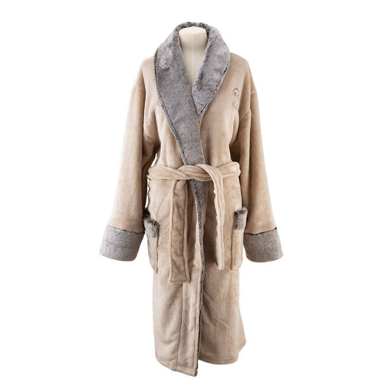 Image of Tan and Grey Faux Fur Collar Robe