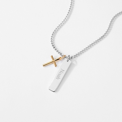 14K Gold Over Sterling Silver Men’s Cross and Bar Necklace