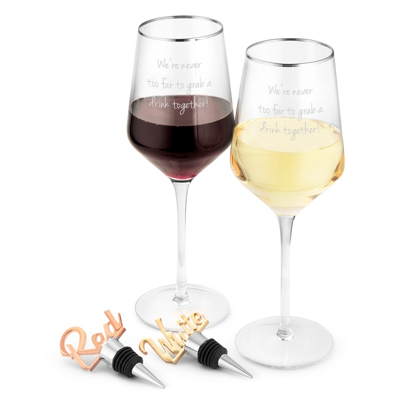 Image of Silver Rimmed 15 OZ Wine Glasses and Wine Stoppers Gift Set