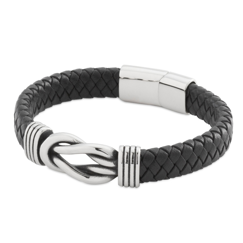 Image of Black Leather Stainless Steel Infinity Knot ID Bracelet