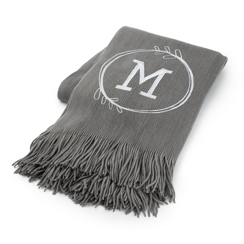 Image of Dark Grey M Initial Embroidered Throw Blanket