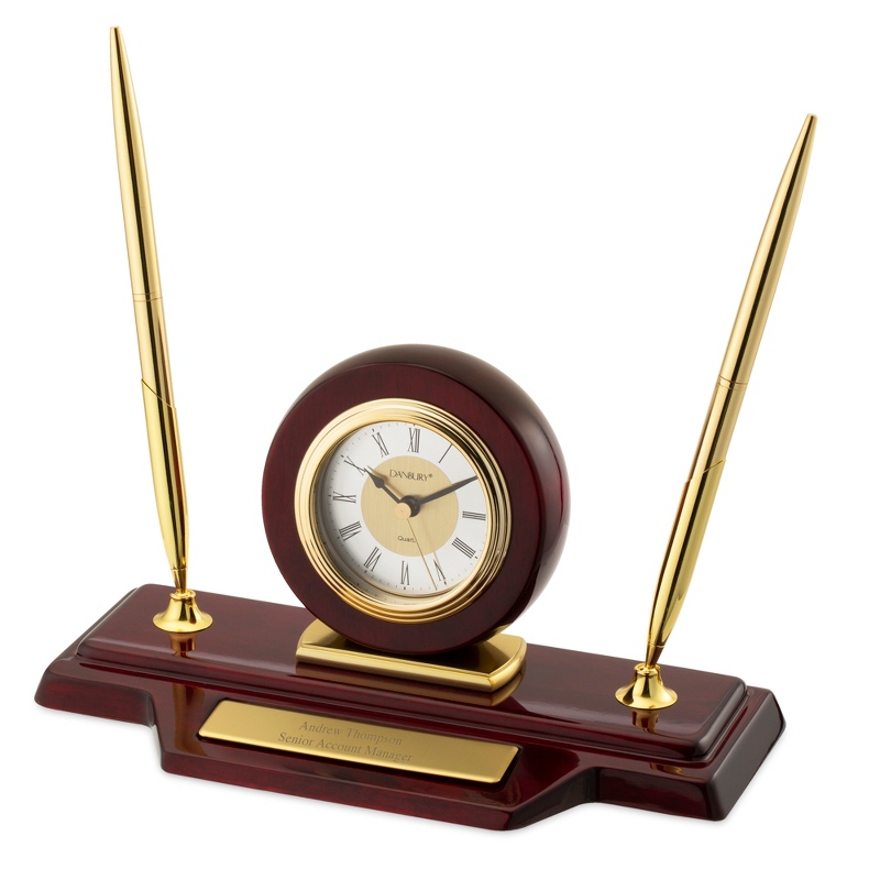 Image of High Gloss Mahogany and Gold Double Pen Stand Clock