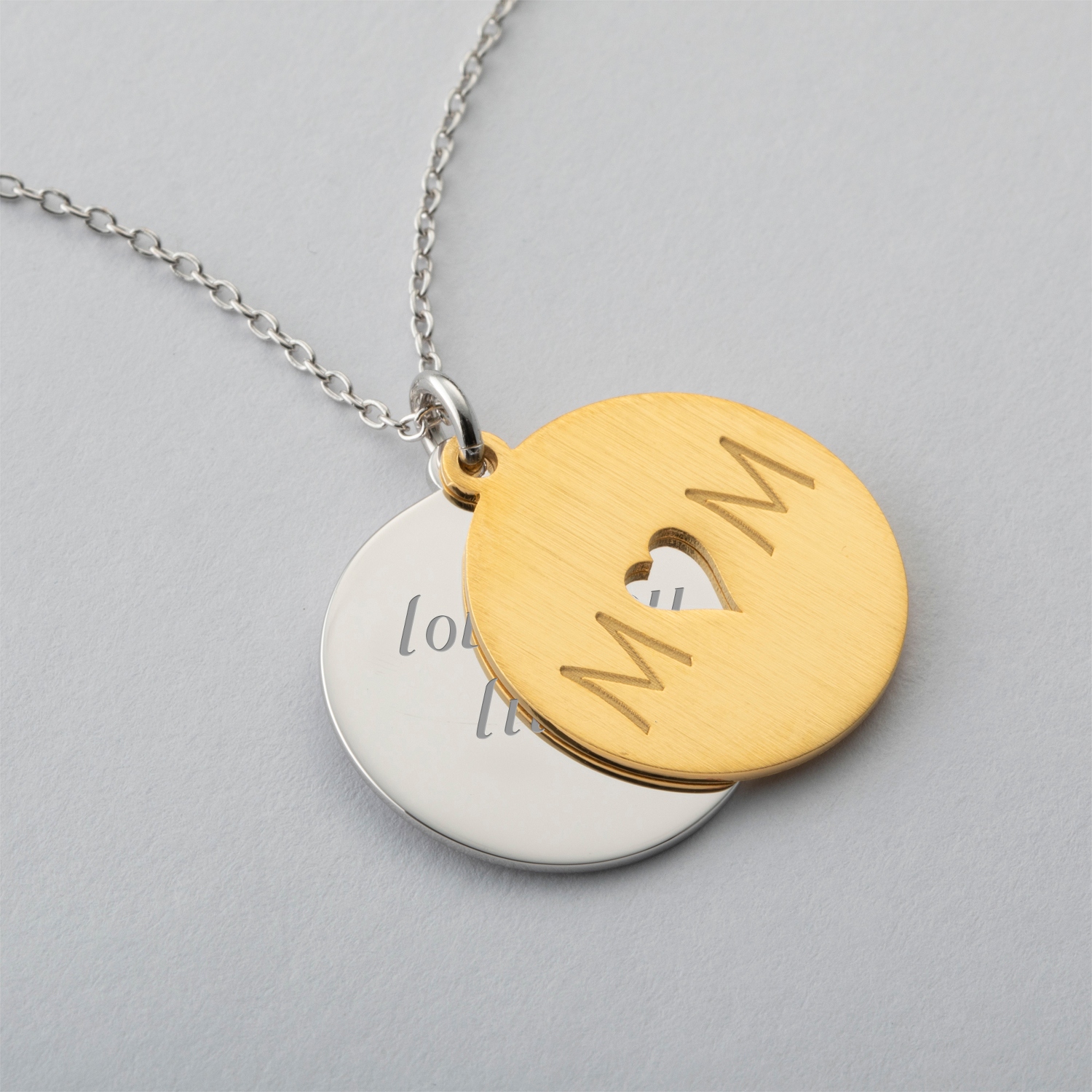 Two Tone Sterling Silver Mom Heart Disc Necklace