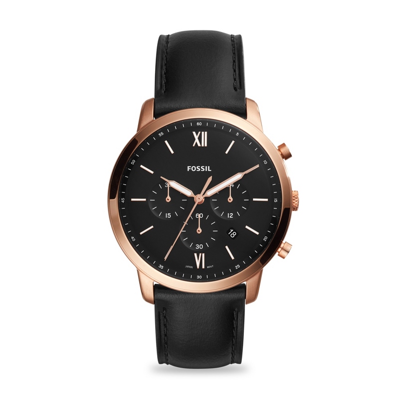 Image of Fossil Mens Neutra Black Leather and Rose Gold Watch