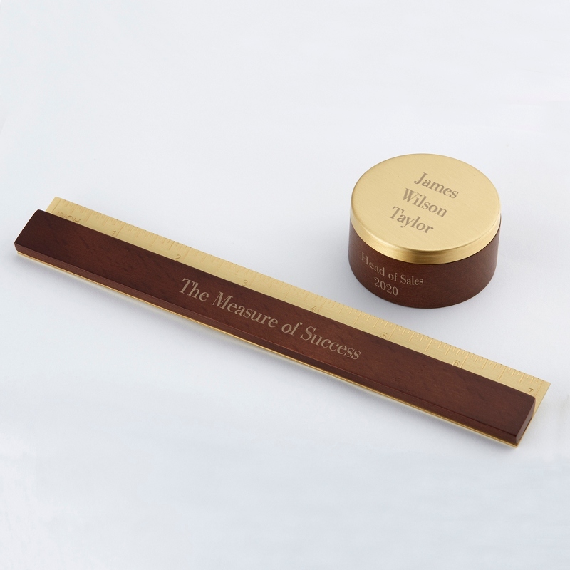 Image of Dark Walnut Wood Ruler and Paperweight Set