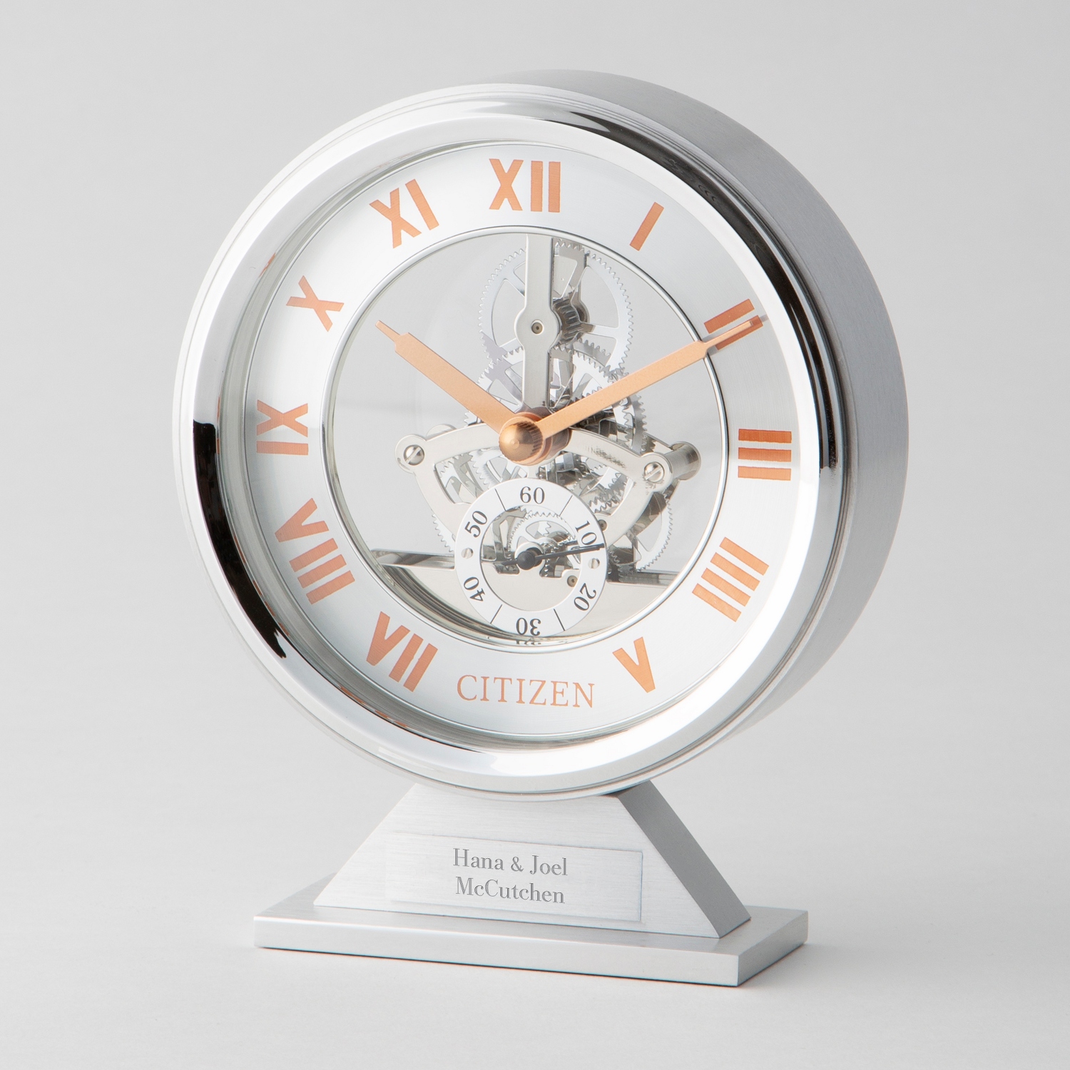 Citizen Silver And Rose Gold Tone Skeleton Desk Clock