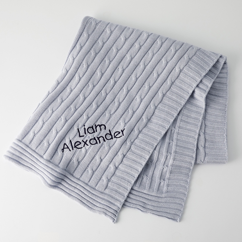 Pale Blue Cable-Knit Cotton Baby Blanket
