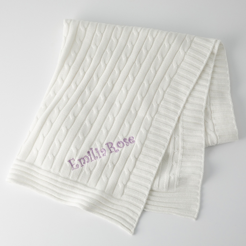 Image of Cream Cotton Cable Embroidered Baby Blanket