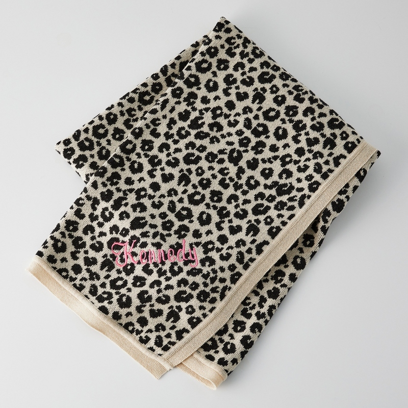 Leopard Cotton Knit Embroidered Baby Blanket