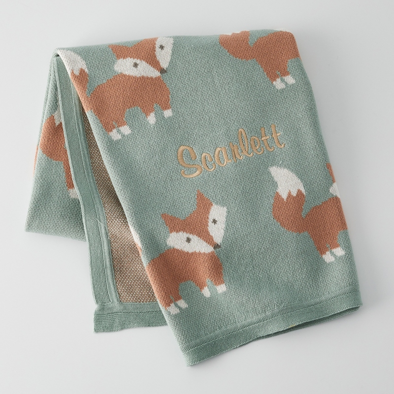 Fox Cotton Knit Embroidered Baby Blanket