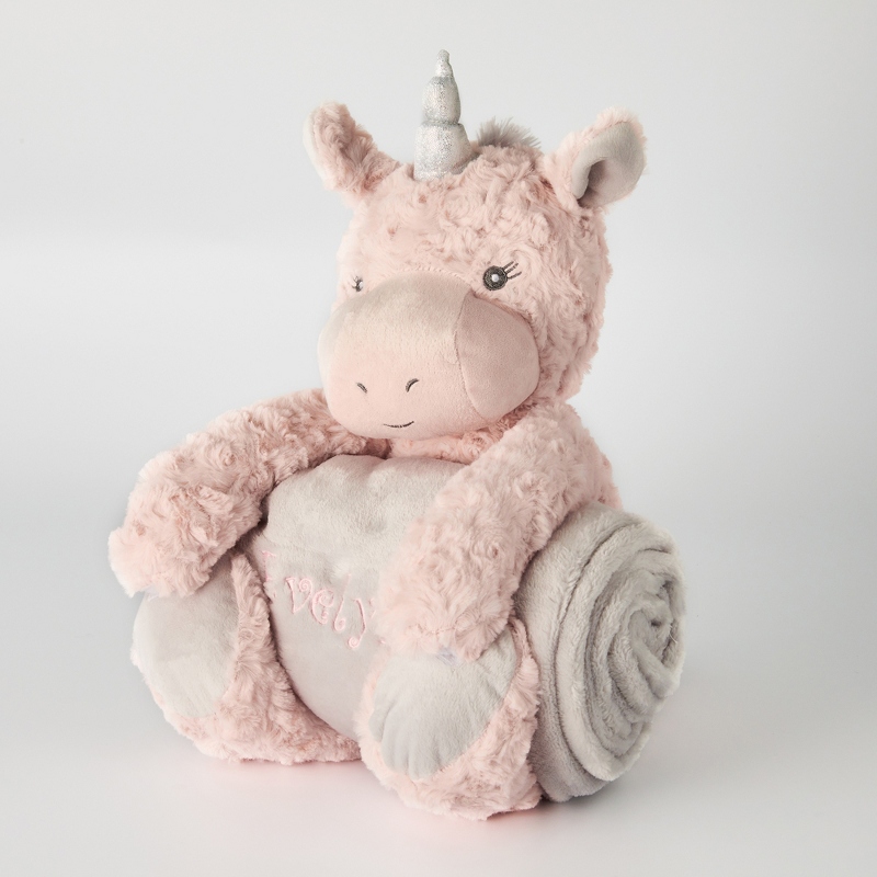 Image of Unicorn Embroidered Stuffed Animal and Blanket Set
