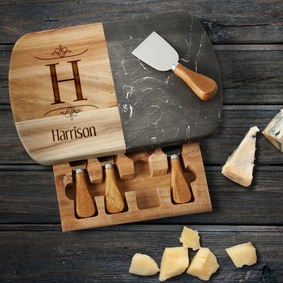 Initial Faux Marble Laser Engraved Wood Cheese Board Set