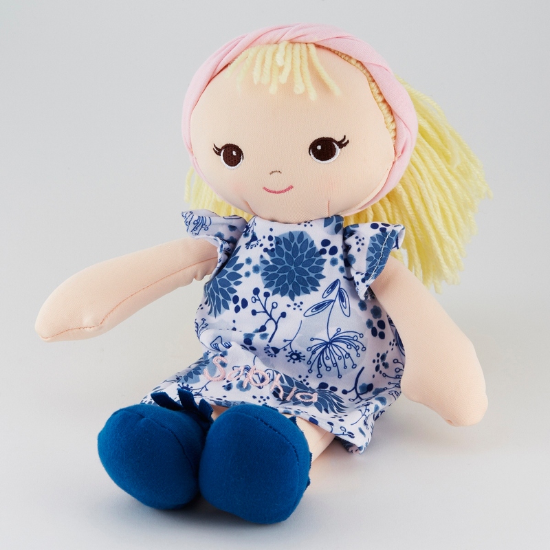 Image of Personalized Plush Toddler Doll in a Blue Floral Dress