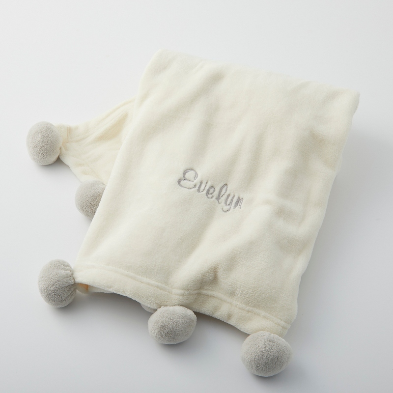 Gray Pom Pom Personalized Fleece Baby Blanket