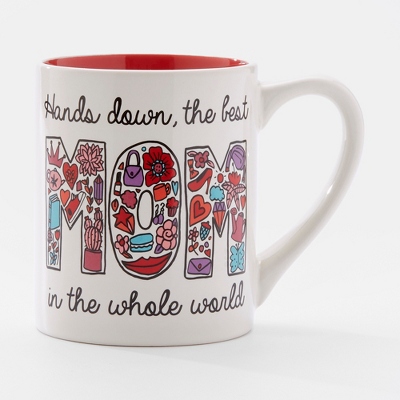 a classic mom-themed high quality white porcelain mug with the phrase "Hands down, the Best Mom in the Whole World"  is the best kitchen gift