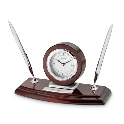 Mahogany Silver Clock With Double Pen Stand