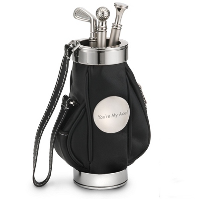 a set of Black Golf style Ballpoint Pen and Pencil with a black and silver golf bag with strap, zippers is the the perfect personalized gift for men