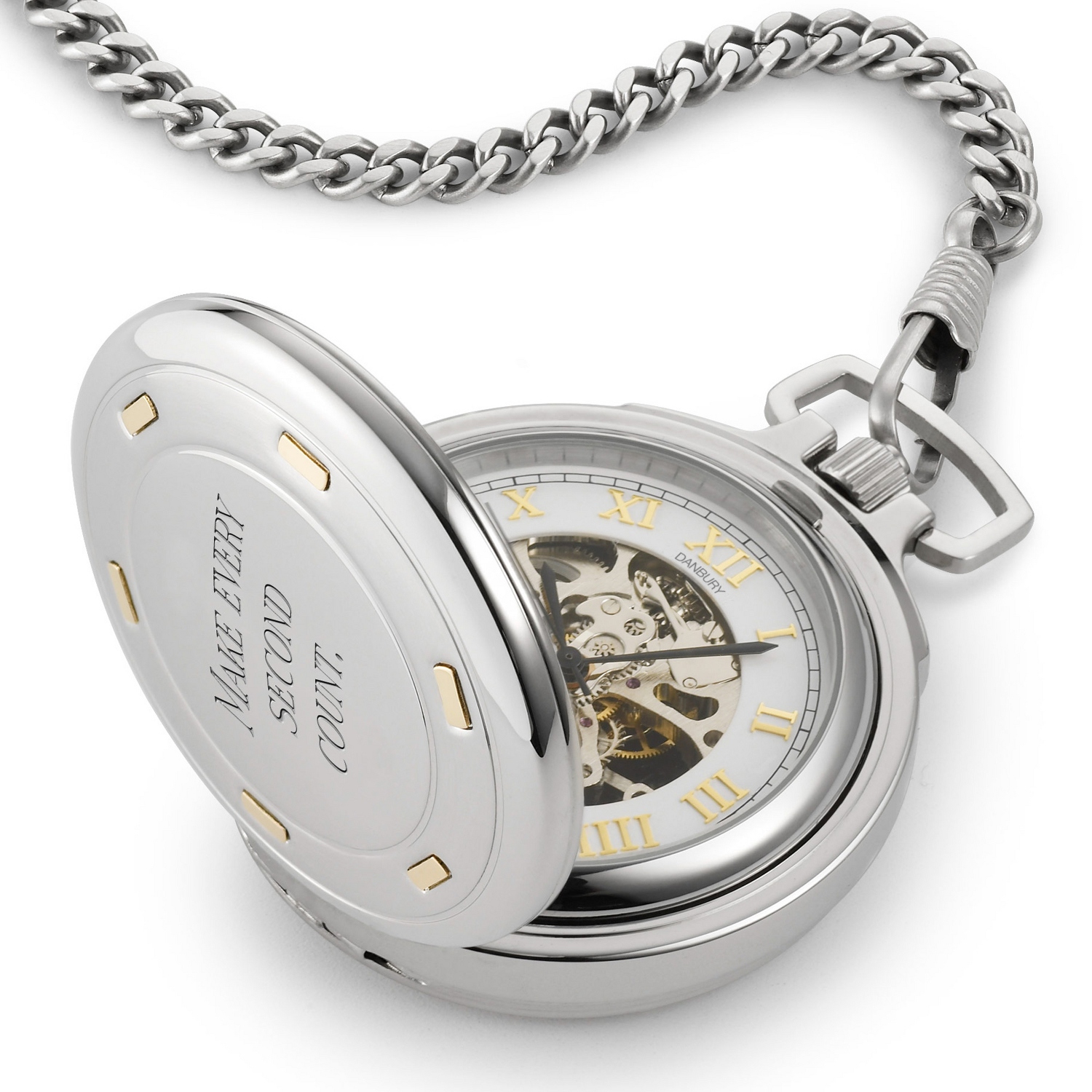 Stainless Steel Skeleton Pocket Watch with 14k Gold Accents