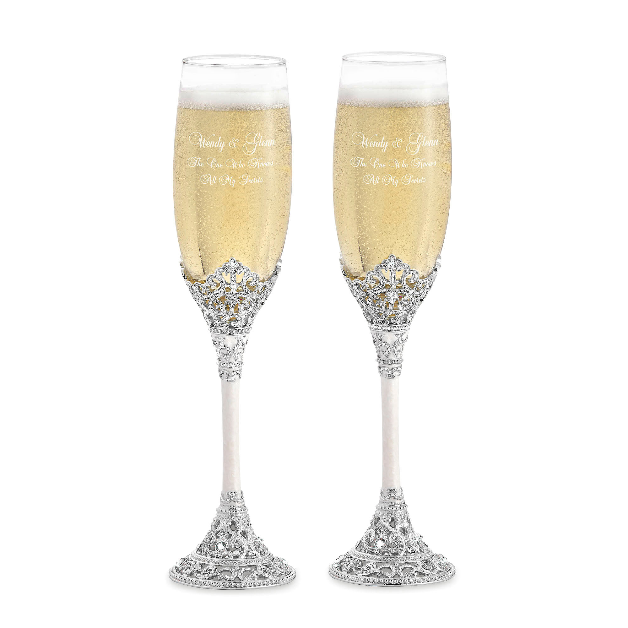 Engraved FREE Silver Wedding Toasting Flute Glasses With Crystal Accents 