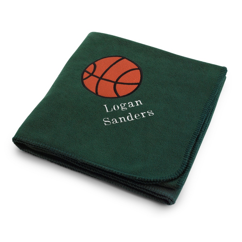 Image of Basketball Design on Forest Green Fleece Blanket