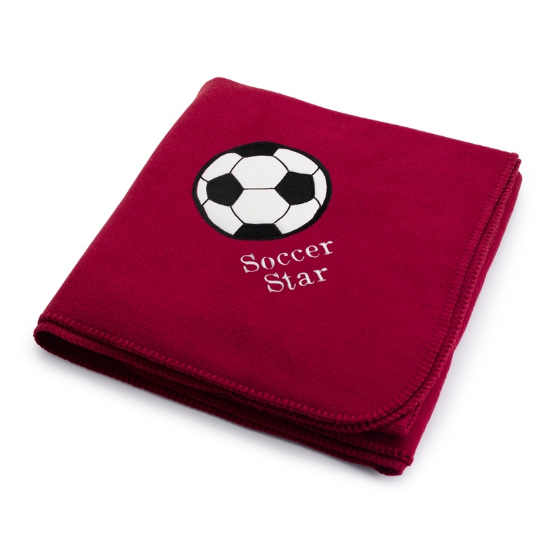 Soccerball Design on Burgundy Fleece Blanket
