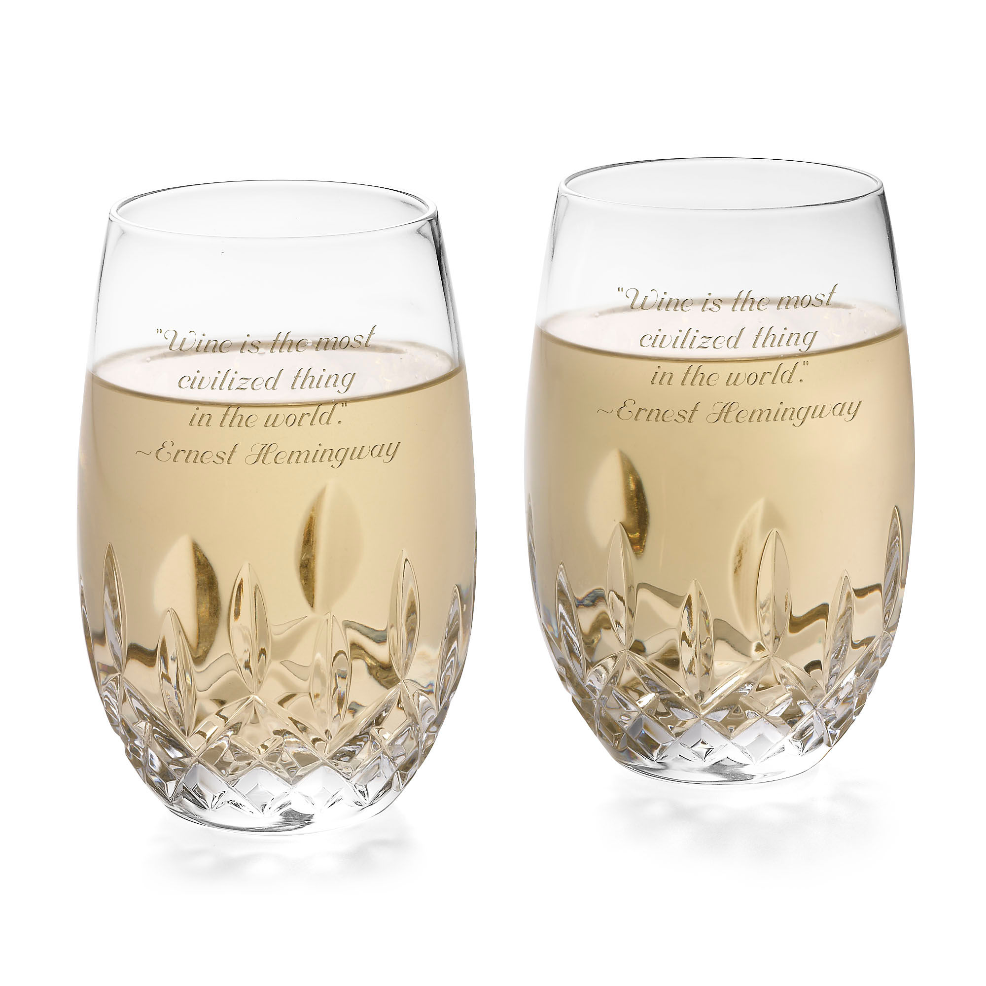Waterford Crystal Lismore Nouveau White Stemless Wine Glass Engraved PAIR 