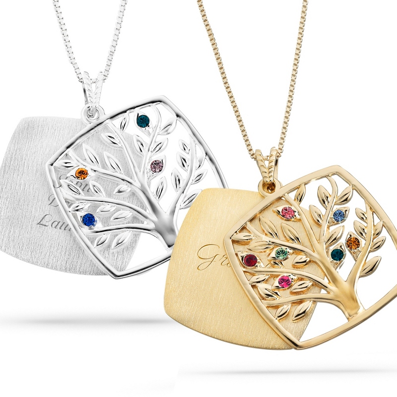 Image of Sterling Silver Square Family Tree Birthstone Necklaces