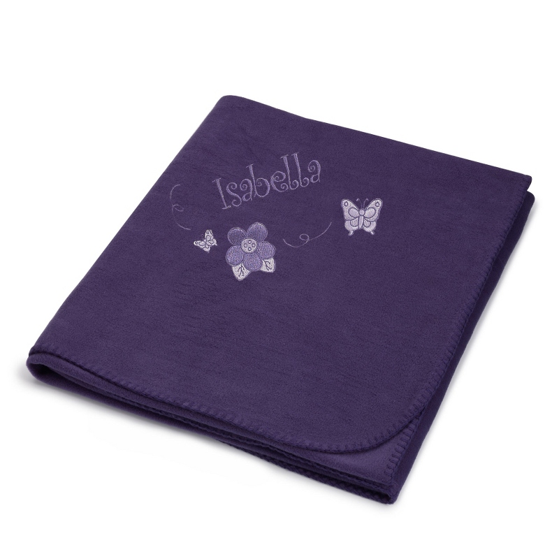 Image of Butterflies and Flowers on Purple Fleece Blanket
