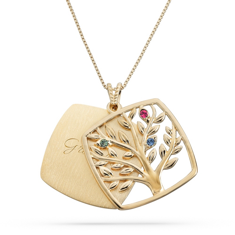 Image of Gold-Plated Sterling Family Tree 3-Birthstone Necklace