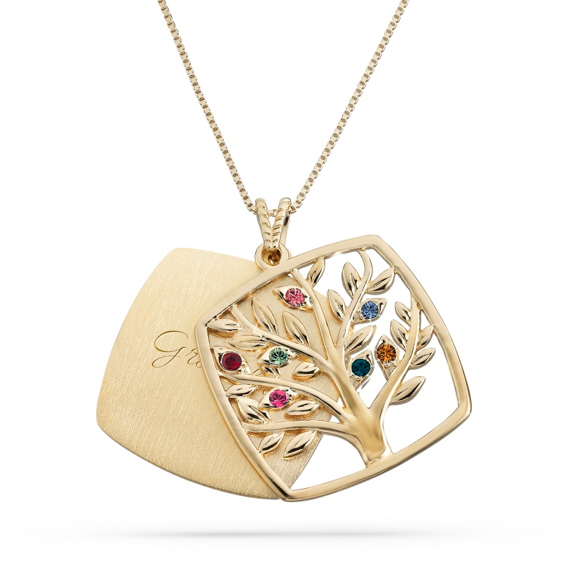 Image of Gold-Plated Sterling Family Tree 7-Birthstone Necklace